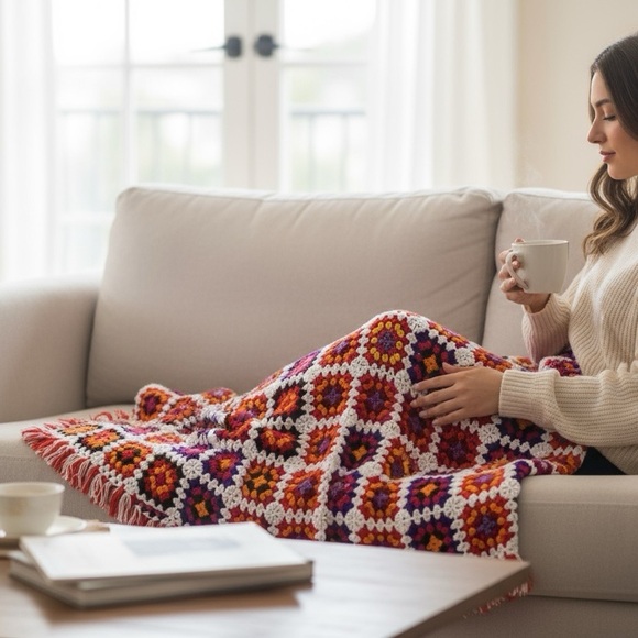 Vtg Large Crochet Knit Granny Square Afghan Throw Blanket Bright Fringe 78 X 92 - Picture 6 of 6